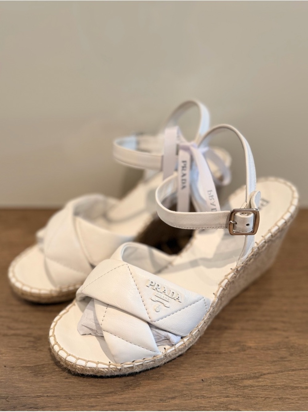 Prada White Quilted criss cross strap Leather Wedge Espadrilles with Ankle Strap